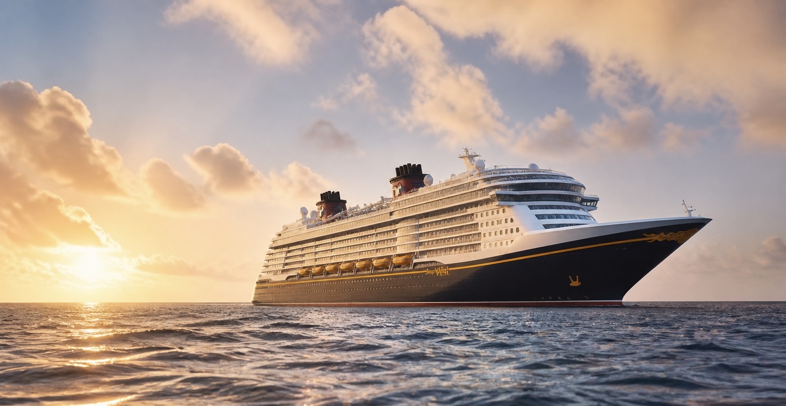 A Disney cruise ship sailing at sea at sunset