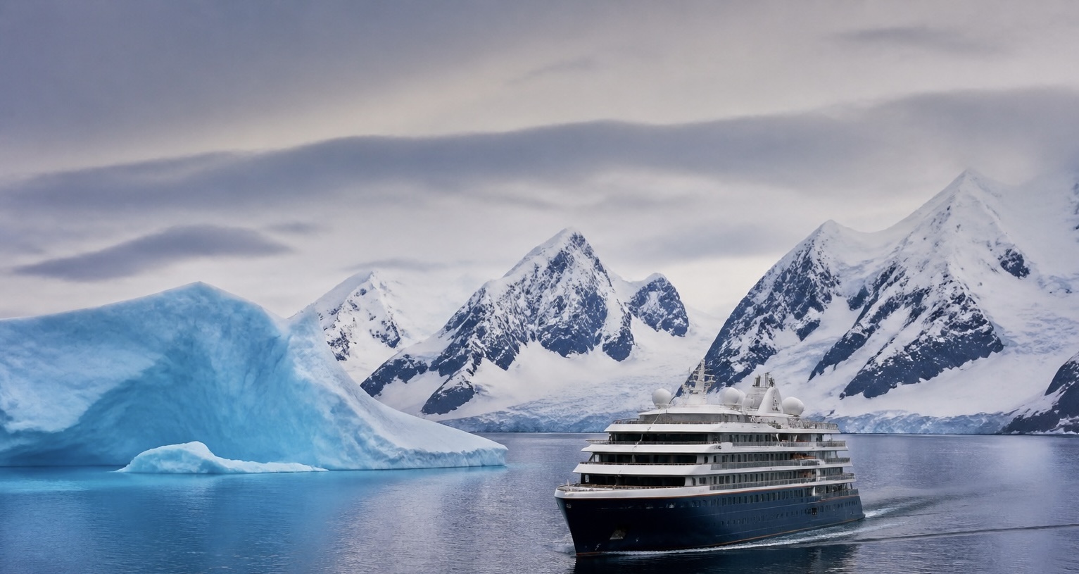 An expedition cruise ship passing an iceberg beneath snowy Antarctic mountains
