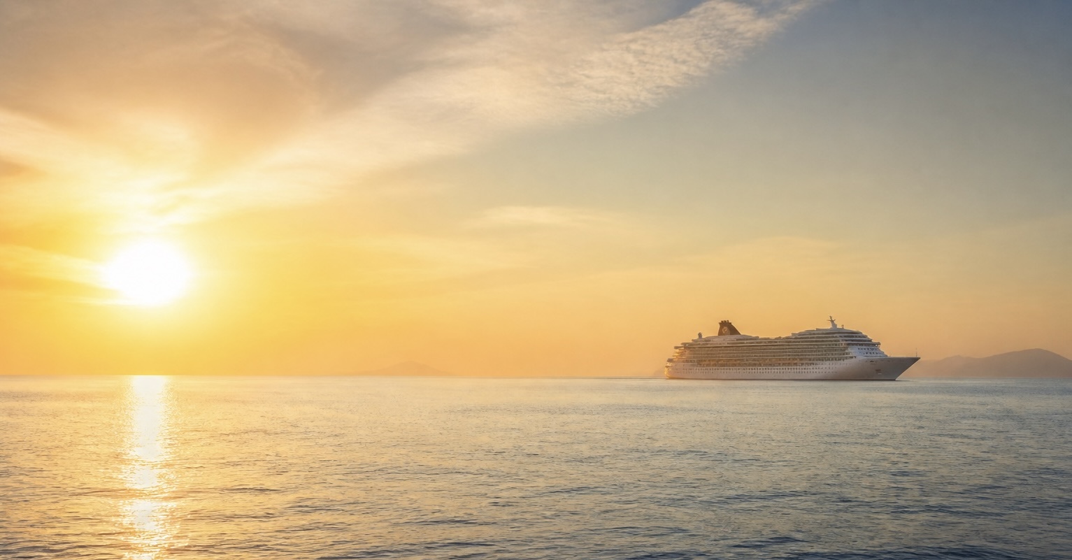 A cruise ship sailing across calm water at sunset
