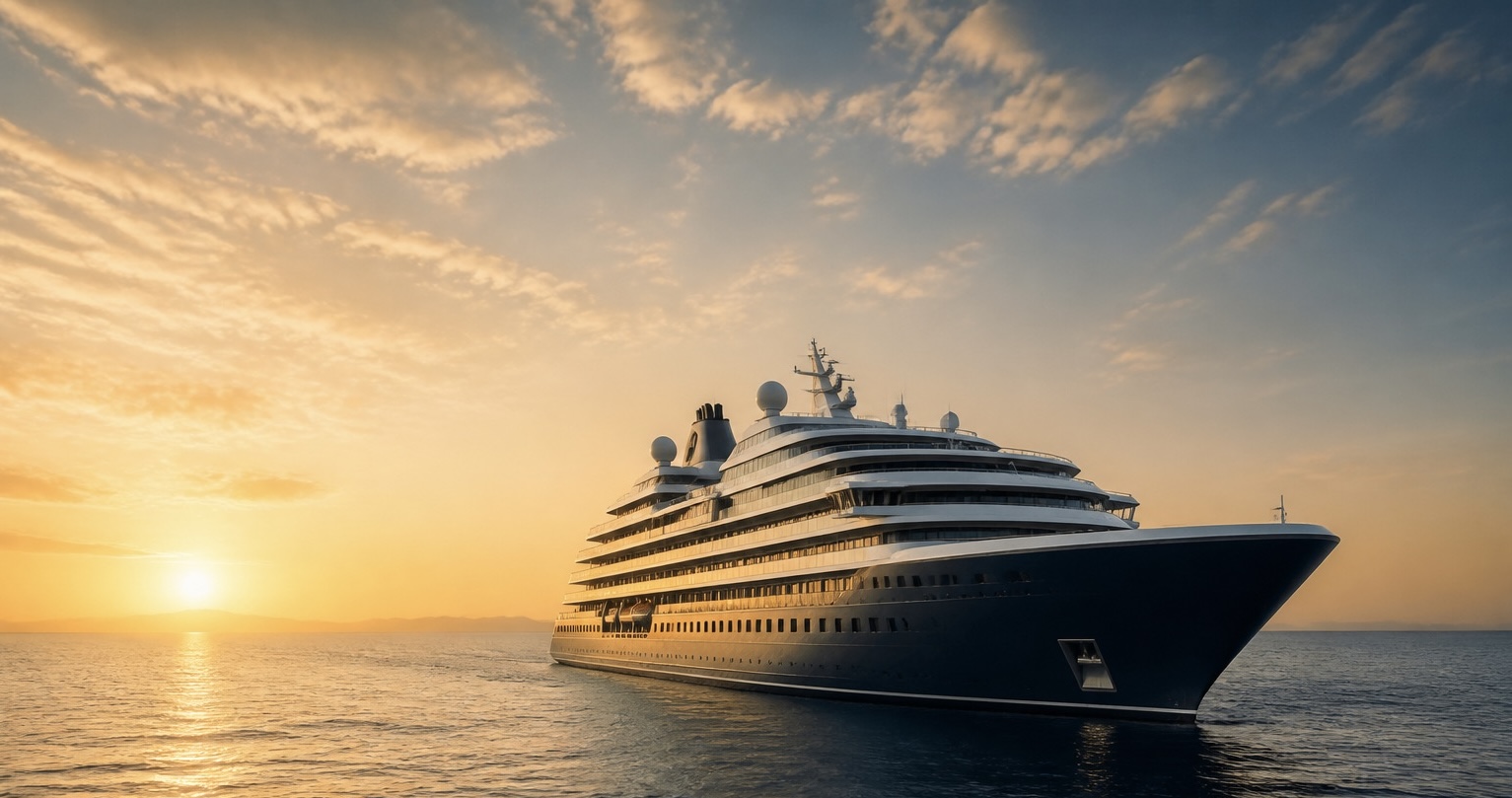 A luxury cruise ship sailing at sunset