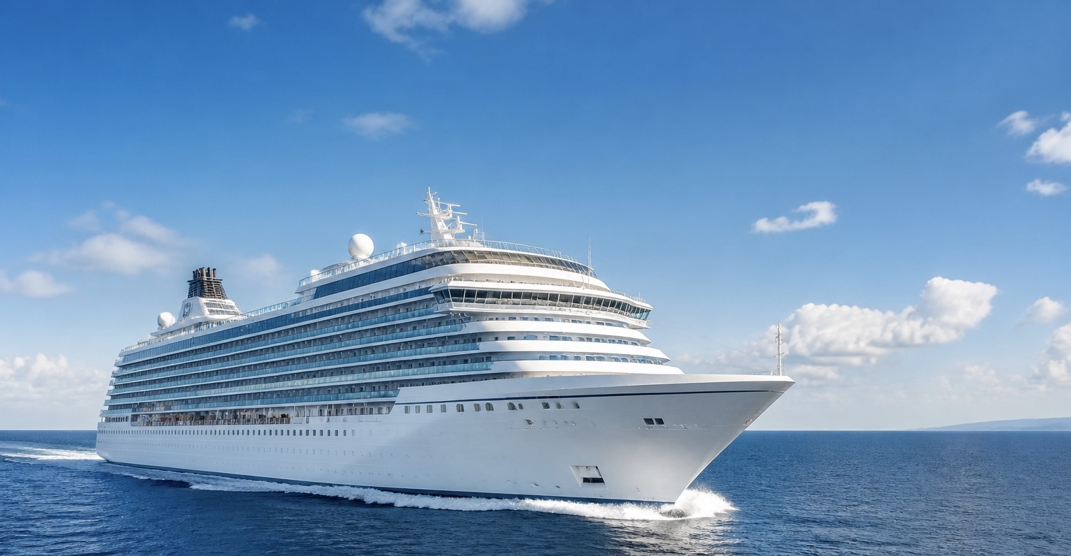 A cruise ship sailing across the ocean beneath a bright blue sky
