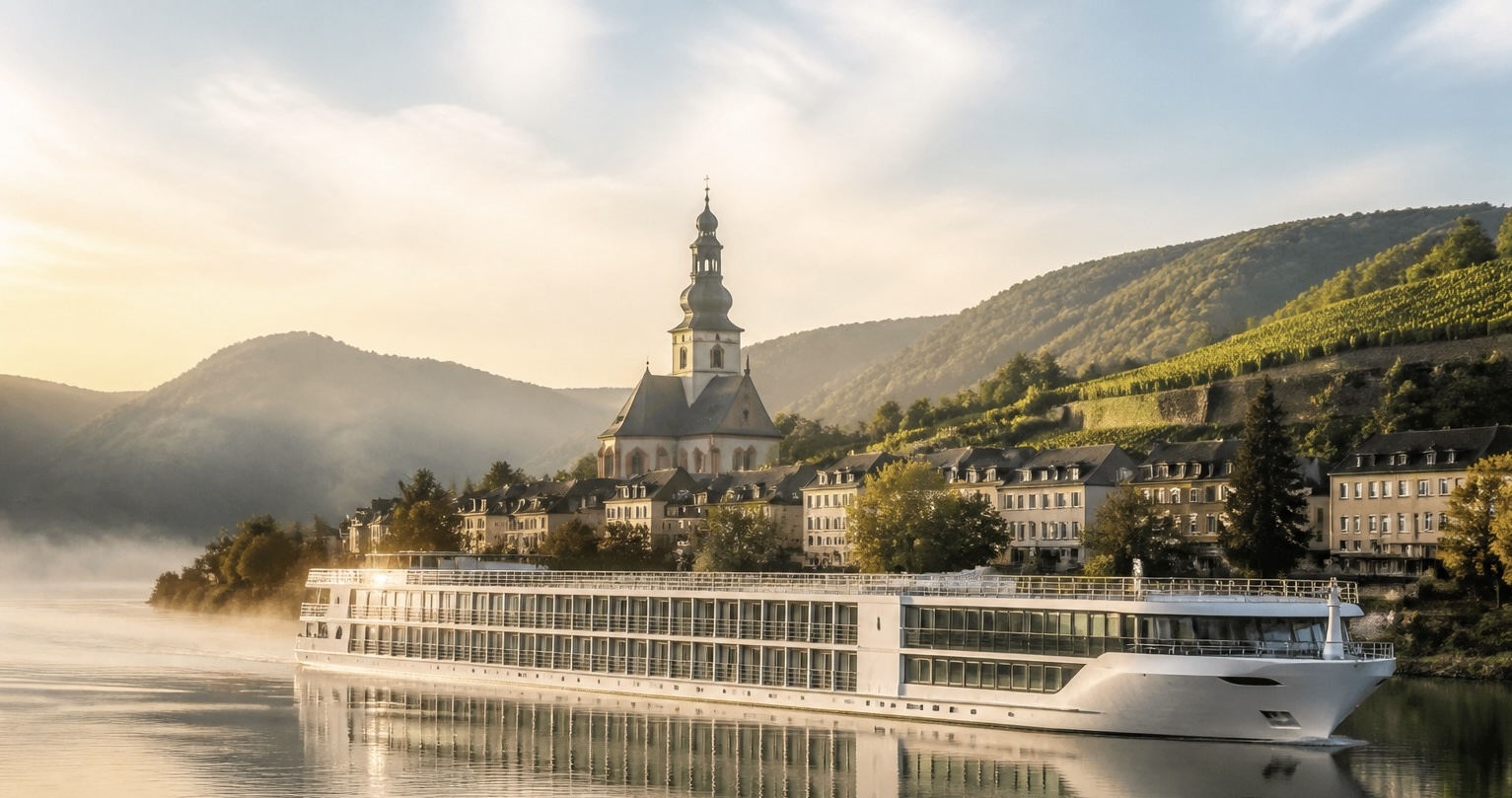 A river cruise ship sailing past a riverside town and green hills at sunset